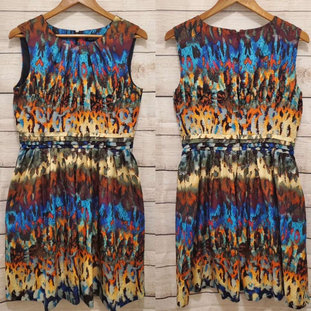 Ellen Tracy Multicolor Abstract Animal Print Fit and Flare Dress, Size 10P